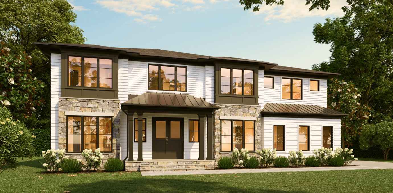 Modern farmhouse estate home with stone and white siding at Kettle Run Estates at Brookside